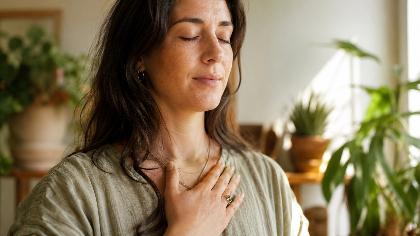 Woman with hand on chest, eyes closed, practicing grounding for anxiety and nervous system regulation